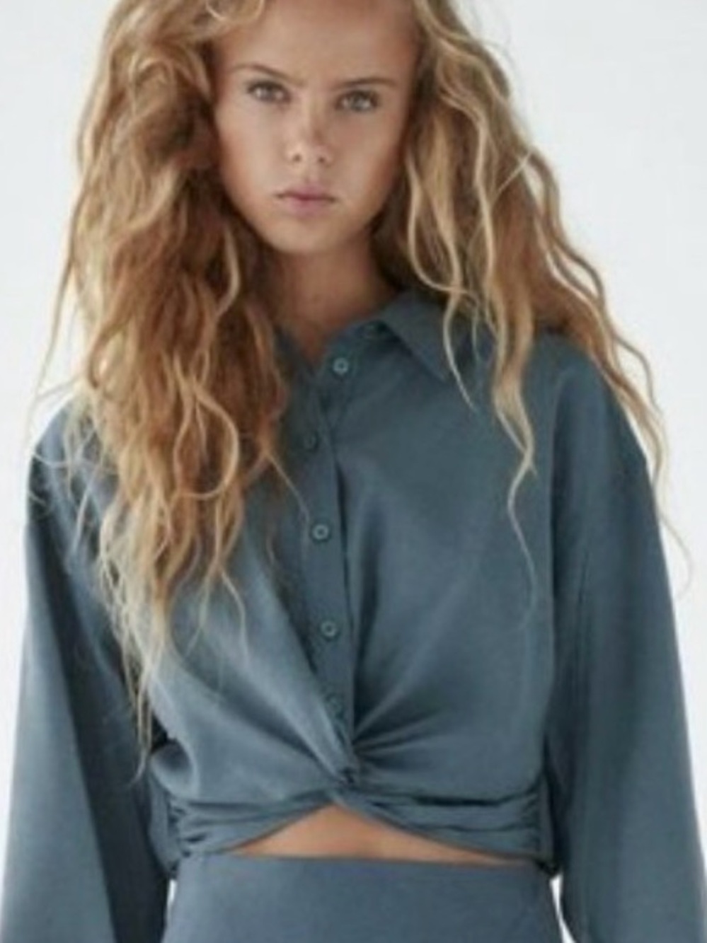 ZARA trendy Lush Button-Front Twist Hem Long-Sleeve Top - Slate Blue🔥🔥🔥